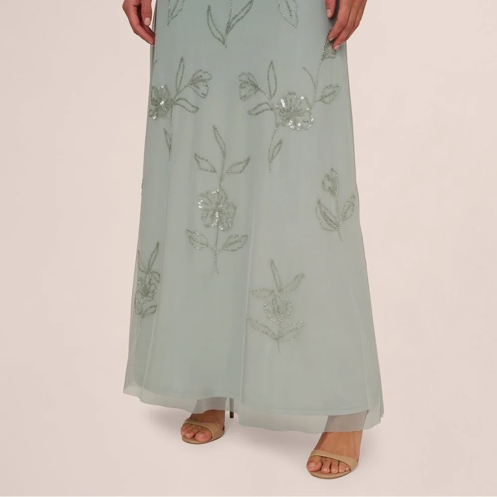 Adrianna Papell Sage Green Beaded Floral Maxi Gown Size 12 NWT GALA MOB Formal